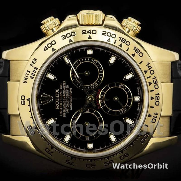 Mens Rolex Cosmograph Daytona 40mm Mens-116518-Black Leather Strap Black Replica Image