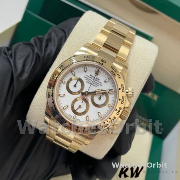 Replica Rolex Daytona-116508 da uomo, 40 mm, oro giallo, quadrante bianco, bianco da uomo