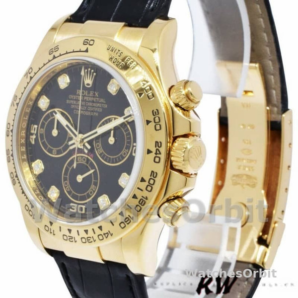 Replica Rolex Daytona 40mm Heren-116518-Zwarte Diamanten Wijzerplaat-Zwarte Leren Band Zwart<br />