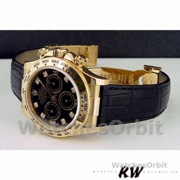 Replica Rolex Daytona 40mm Heren-116518-Zwarte Diamanten Wijzerplaat-Zwarte Leren Band Zwart<br />