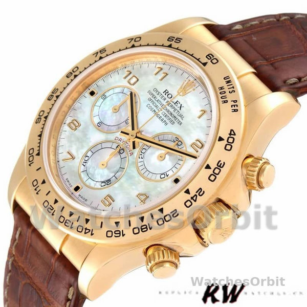 Rolex Daytona 116518 Yellow Gold MOP Dial Brown Strap 40mm Mens Replica Watch