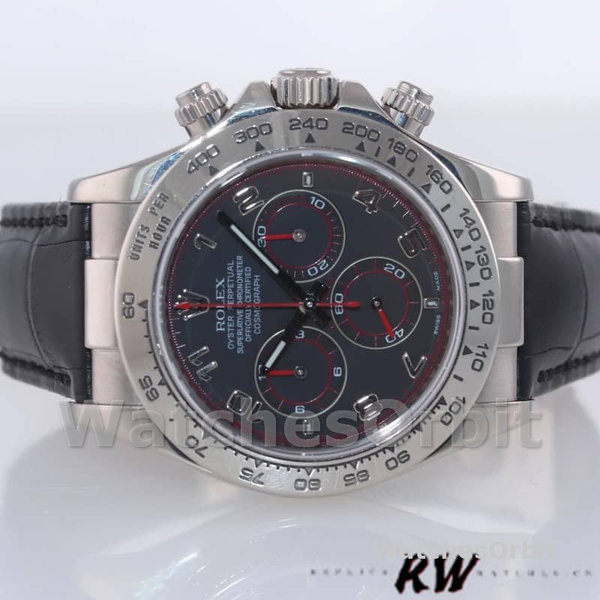 Replica Rolex Daytona 40mm Heren-116519-Zwarte Racing Dial-Leren Band Zwart<br />