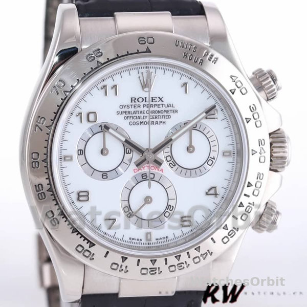 Replica Rolex Daytona 40mm Heren-116519-Witte Arabische Wijzerplaat-Zwarte Leren Band Witte Arabische