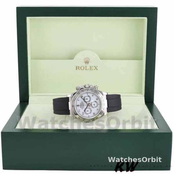 Replica Rolex Daytona 40mm Heren-116519-Witte Arabische Wijzerplaat-Zwarte Rubber Band Wit