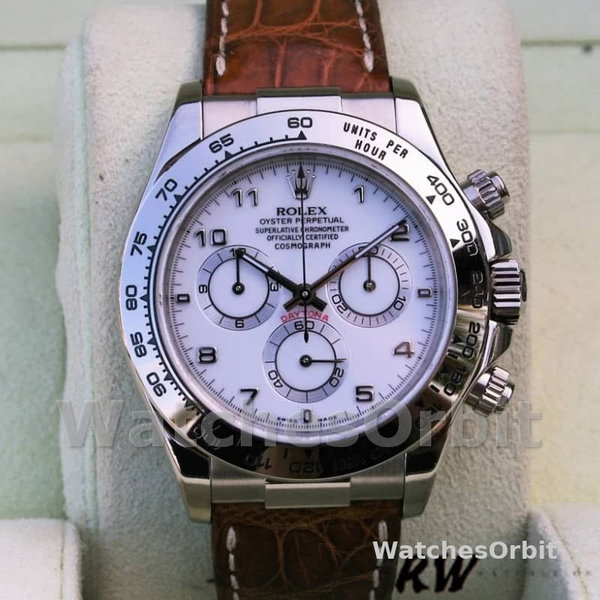 Men's Rolex Daytona 40mm Men's-116519-White Arabic Dial-Brown Leather Strap White