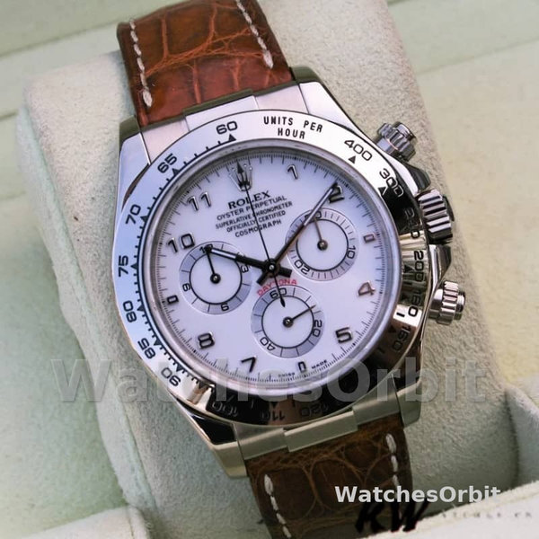 Replica Rolex Daytona 40mm Heren-116519-Witte Arabische Wijzerplaat-Bruin Lederen Band Wit