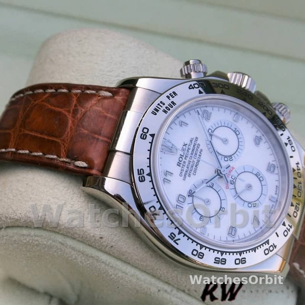 Replica Rolex Daytona 40mm Heren-116519-Witte Arabische Wijzerplaat-Bruin Lederen Band Wit