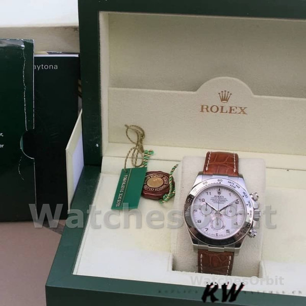 Replica Rolex Daytona 40mm Heren-116519-Witte Arabische Wijzerplaat-Bruin Lederen Band Wit