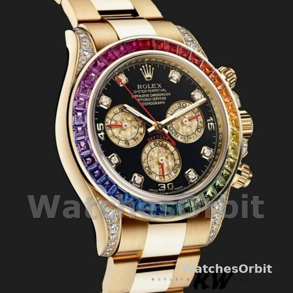 Replique Hommes Rolex Daytona 40mm Hommes-116528-Rainbow Bezel-Black Diamond Dial Black