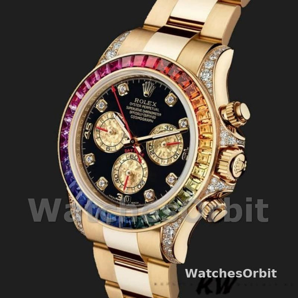 Mens Rolex Daytona 40mm Mens-116528-Rainbow Bezel-Black Diamond Dial Black Replica Image