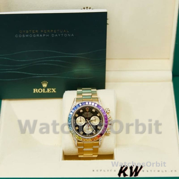 Mens Rolex Daytona 40mm Mens-116528-Rainbow Bezel-Black Diamond Dial Black Replica Image