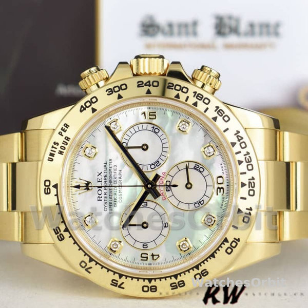 Mens Rolex Daytona 40mm Mens-116528-Yellow Gold-MOP-Diamond Dial MOP Replica Image