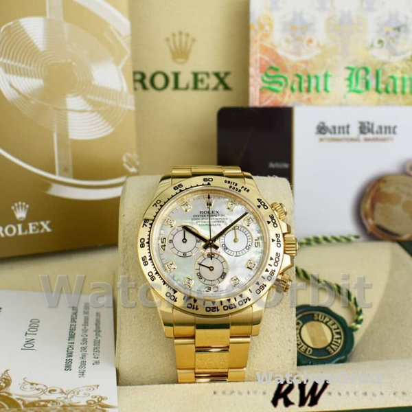 Mens Rolex Daytona 40mm Mens-116528-Yellow Gold-MOP-Diamond Dial MOP Replica Image