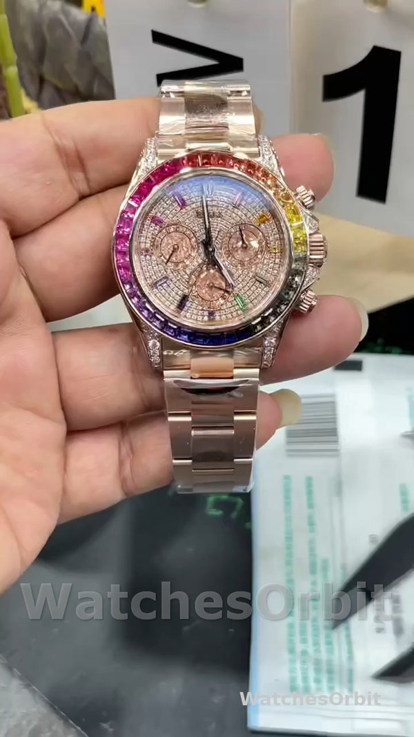 Replica Heren Rolex Daytona-116595RBOW, Regenboog, Roségoud, Pave Diamond Dial, Saffier Bezel, Diamond Dial