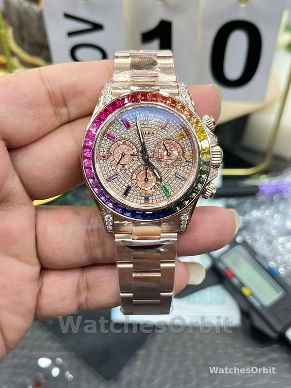 Mens Rolex Daytona-116595RBOW, Rainbow, Rose Gold, Pave Diamond Dial, Sapphire Bezel, Diamond Dial Replica Watch Image