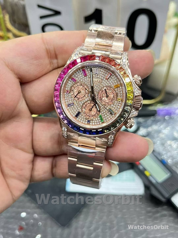 Mens Rolex Daytona-116595RBOW, Rainbow, Rose Gold, Pave Diamond Dial, Sapphire Bezel, Diamond Dial Replica Watch Image