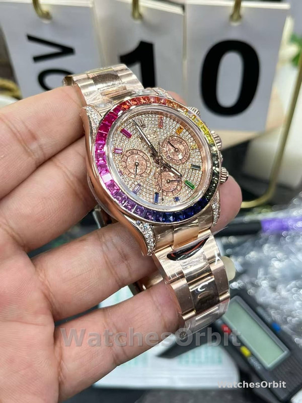 Mens Rolex Daytona-116595RBOW, Rainbow, Rose Gold, Pave Diamond Dial, Sapphire Bezel, Diamond Dial Replica Watch Image