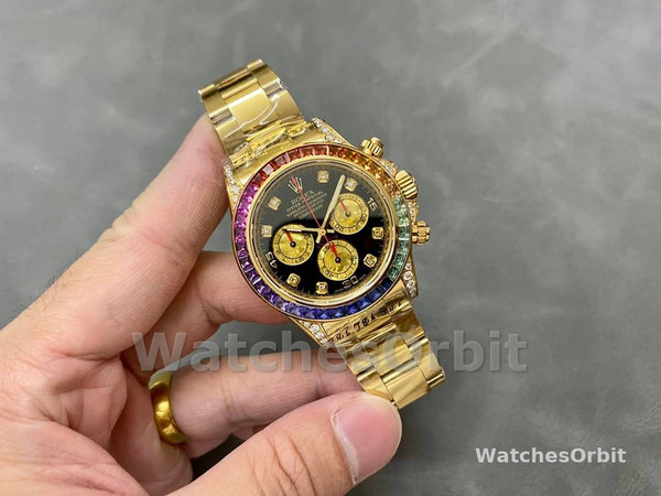 Replique Hommes Rolex Daytona-116598, 40mm, or jaune, cadran diamant noir, Hommes Black