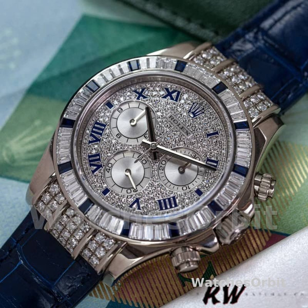 Replica Rolex Daytona 40mm Heren-116599-Pave Diamond Dial-Blauw Leren Band Blauw