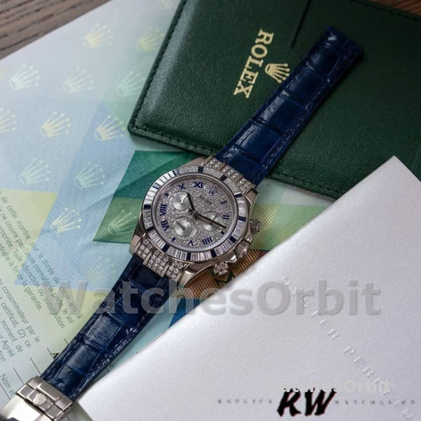 Replica Rolex Daytona 40mm Heren-116599-Pave Diamond Dial-Blauw Leren Band Blauw