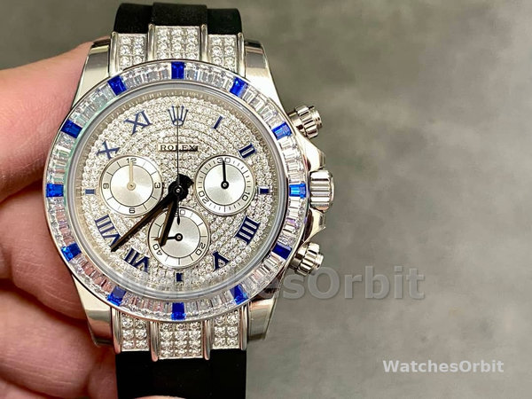 Replica Rolex Daytona 40mm Heren-116599-Pave Diamond Dial-Blauw Leren Band Blauw