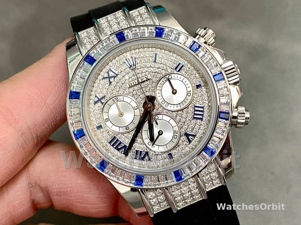 Replica Rolex Daytona 40mm Heren-116599-Pave Diamond Dial-Blauw Leren Band Blauw