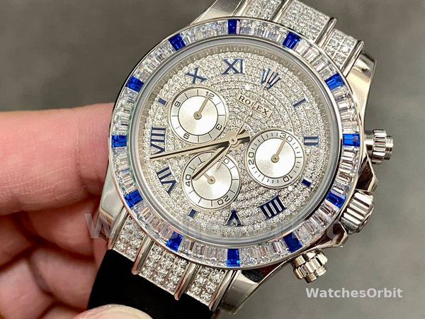 Replica Rolex Daytona 40mm Heren-116599-Pave Diamond Dial-Blauw Leren Band Blauw