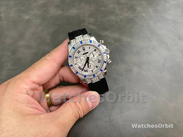 Replica Rolex Daytona 40mm Heren-116599-Pave Diamond Dial-Blauw Leren Band Blauw