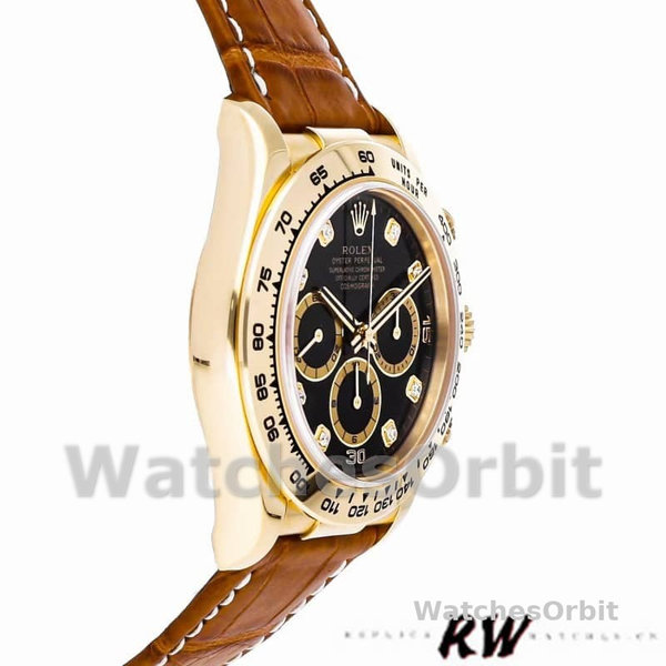 Replica Rolex Daytona 40mm Heren-16518-Zwarte Diamanten Wijzerplaat-Leren Band Zwart