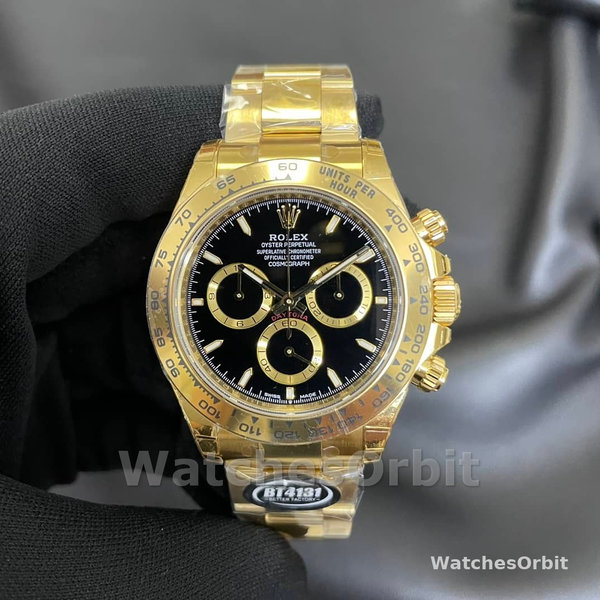Mens Rolex Daytona-126508 0004, 40mm, Yellow Gold Oyster Bracelet, Black Stick Dial, Black Replica Watch Image