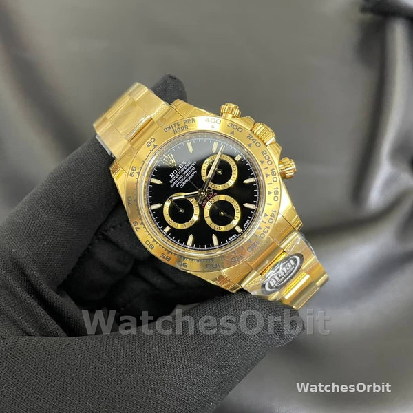 Mens Rolex Daytona-126508 0004, 40mm, Yellow Gold Oyster Bracelet, Black Stick Dial, Black Replica Watch Image