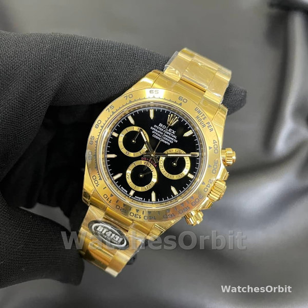 Mens Rolex Daytona-126508 0004, 40mm, Yellow Gold Oyster Bracelet, Black Stick Dial, Black Replica Watch Image