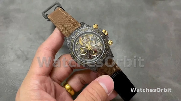 Men's Rolex Daytona Cosmograph DIW Carbon Case Skeleton Dial Brown Strap Skeleton