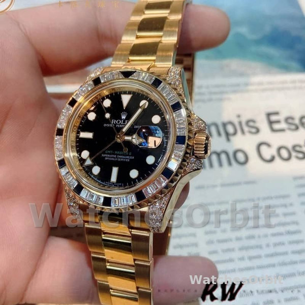 Replica Rolex GMT-Master II 40mm Uomo-116758-Oro giallo-Calendario nero-Diamanti neri