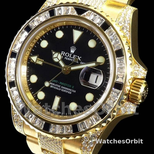 Replica Rolex GMT-Master II 40mm Uomo-116758-Oro giallo-Calendario nero-Diamanti neri