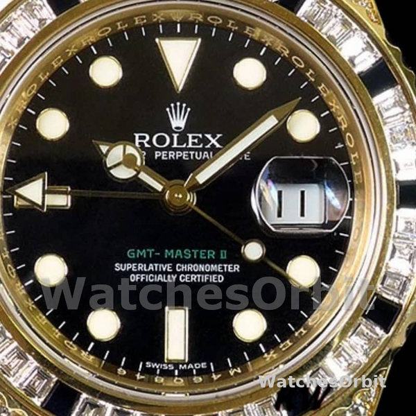 Replica Rolex GMT-Master II 40mm Uomo-116758-Oro giallo-Calendario nero-Diamanti neri