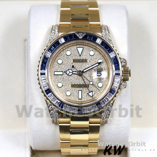 Replica Rolex GMT-Master II-116758 da uomo, 40 mm, oro giallo, quadrante con pavé, uomo con pavé