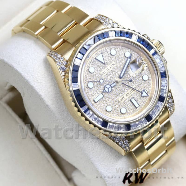 Replica Rolex GMT-Master II-116758 da uomo, 40 mm, oro giallo, quadrante con pavé, uomo con pavé