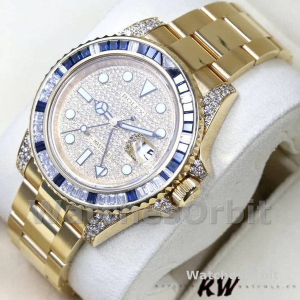 Replica Rolex GMT-Master II-116758 da uomo, 40 mm, oro giallo, quadrante con pavé, uomo con pavé