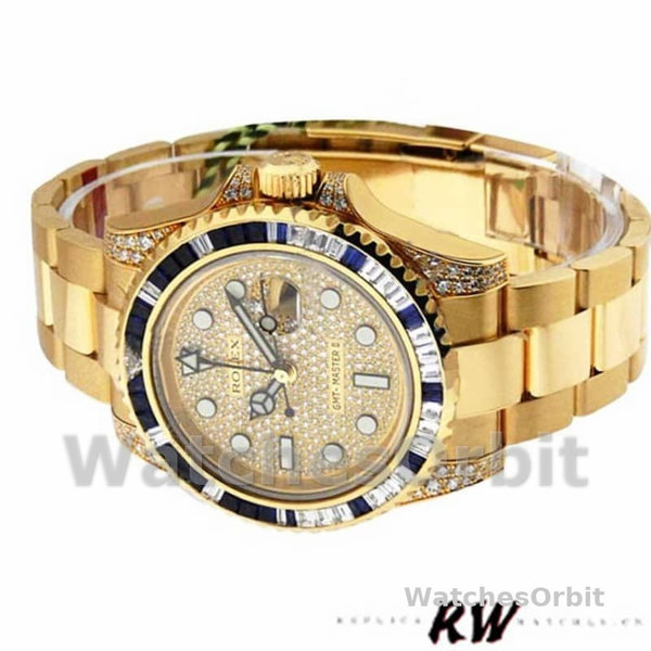 Replica Rolex GMT-Master II-116758 da uomo, 40 mm, oro giallo, quadrante con pavé, uomo con pavé