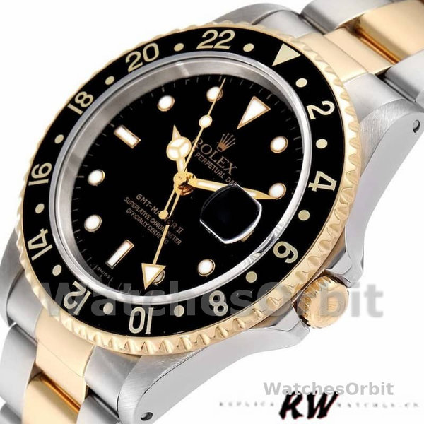Replica Rolex GMT-Master II 40 mm Uomo-16713LN-Acciaio e oro giallo-Comparto nero Nero