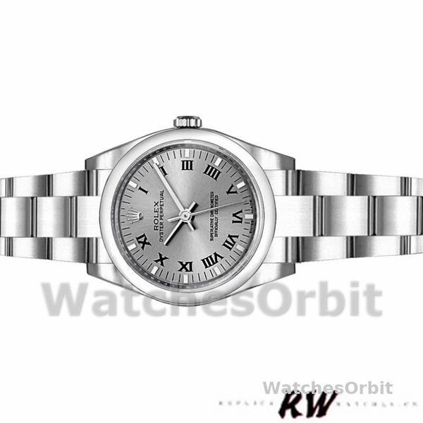 Womens Rolex Oyster Perpetual 26mm Womens-176200-Rhodium Grey Roman Numeral Dial Grey<br /> Replica Watch Image