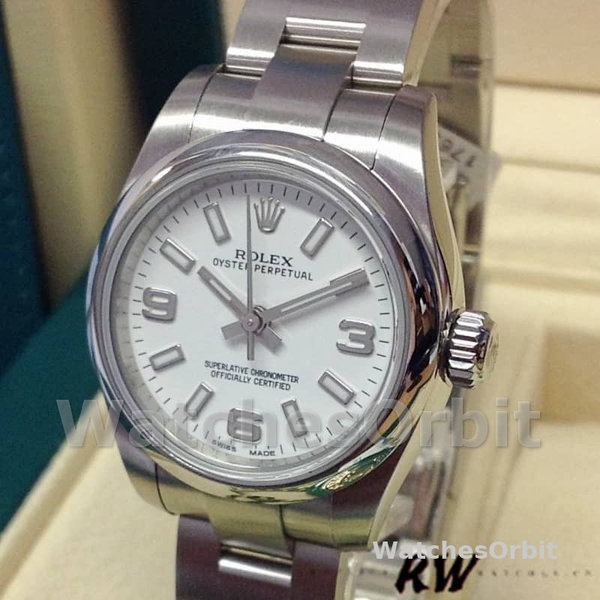 Womens Rolex Oyster Perpetual 26mm Womens-176200-Stainless Steel-White Dial White Replica Watch Image