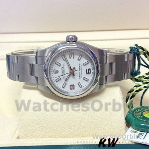 Womens Rolex Oyster Perpetual 26mm Womens-176200-Stainless Steel-White Dial White Replica Watch Image