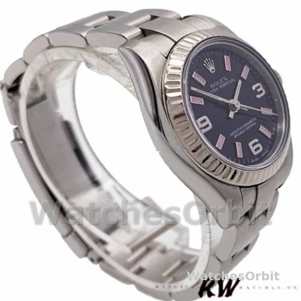 Replique Rolex Oyster Perpetual 26mm Femmes-176234-Cadran noir-Nivelle cannelée Noir