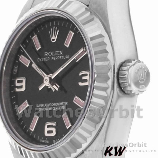 Replique Rolex Oyster Perpetual 26mm Femmes-176234-Cadran noir-Nivelle cannelée Noir