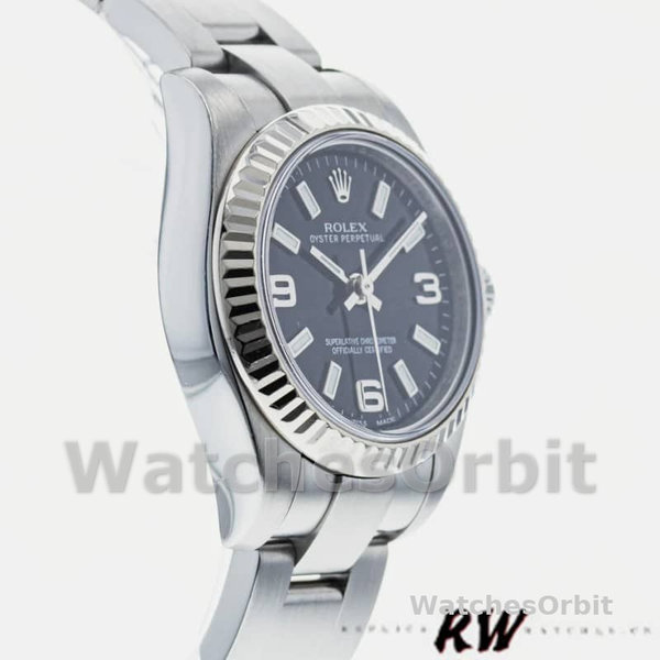 Replique Rolex Oyster Perpetual 26mm Femmes-176234-Cerclage cannelé-Noir Cadran arabe Noir