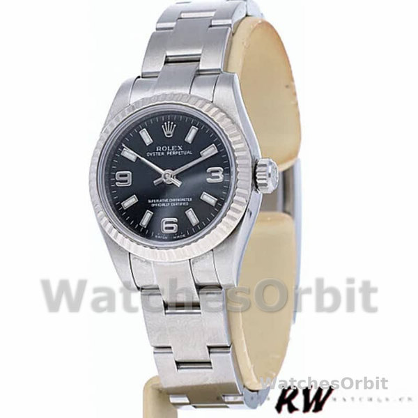Womens Rolex Oyster Perpetual 26mm Womens-176234-Fluted Bezel-Black Arabic Dial Black Replica Image