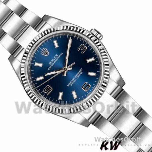 Replique Rolex Oyster Perpetual 26mm Femmes-176234-Cerclage cannelé-Cadran bleu Bleu