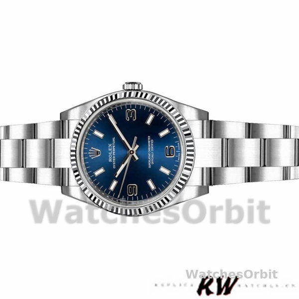 Replique Rolex Oyster Perpetual 26mm Femmes-176234-Cerclage cannelé-Cadran bleu Bleu